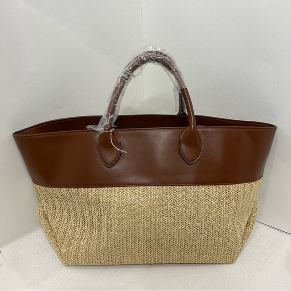 Women's Brown East West Straw Texture Colorblock Tote - Picture 6 of 9